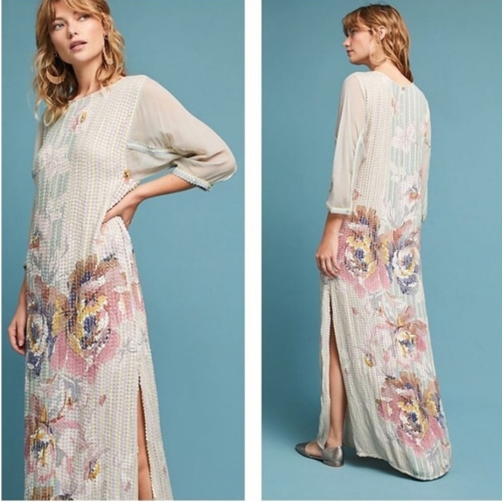 Anthropologie Embellished Floral Column Dress.